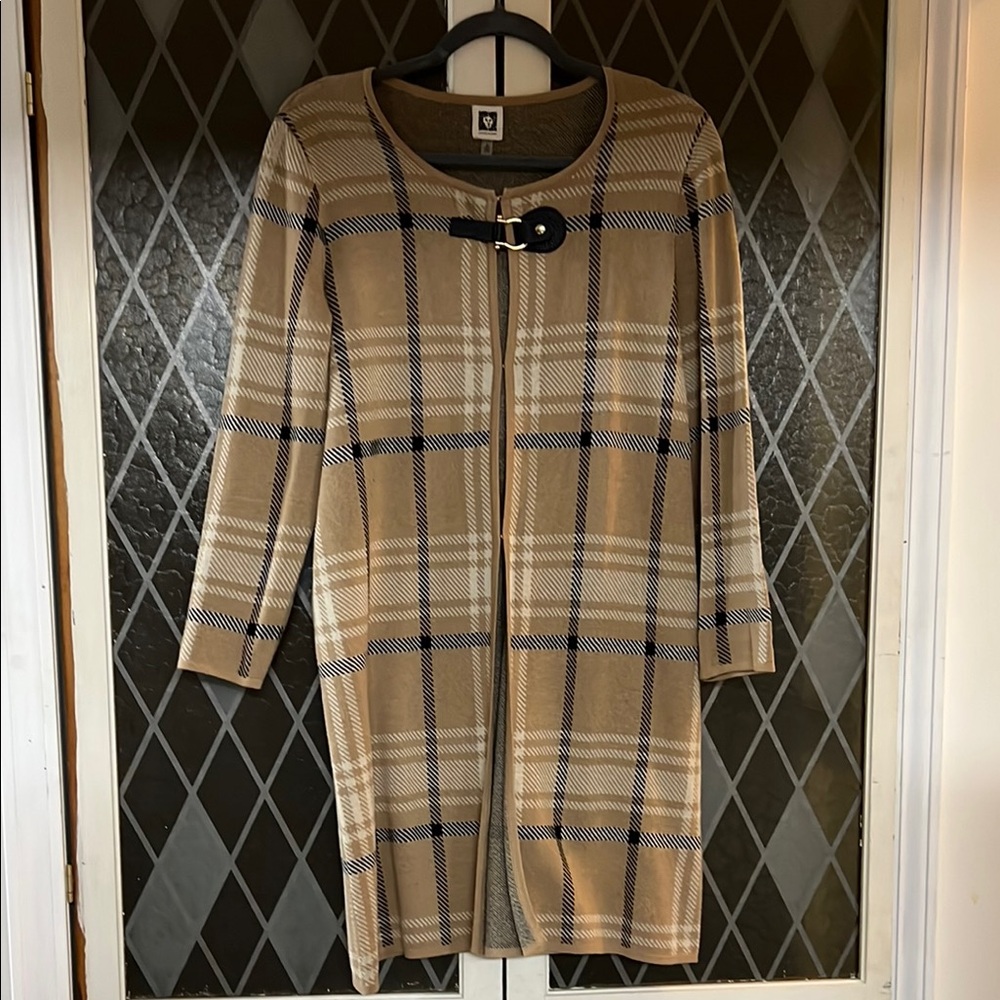 Anne Klein Tan Plaid Long Sleeve Sweater Jacket